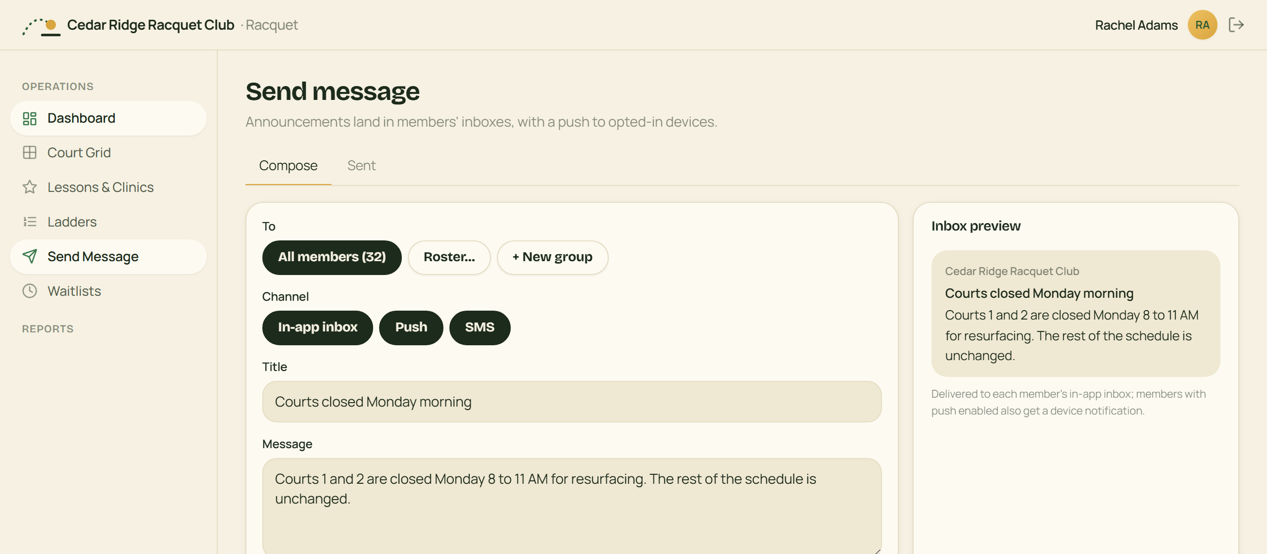 The compose screen: a broadcast to all 32 members on the in-app inbox, push, and SMS channels, with a live inbox preview.