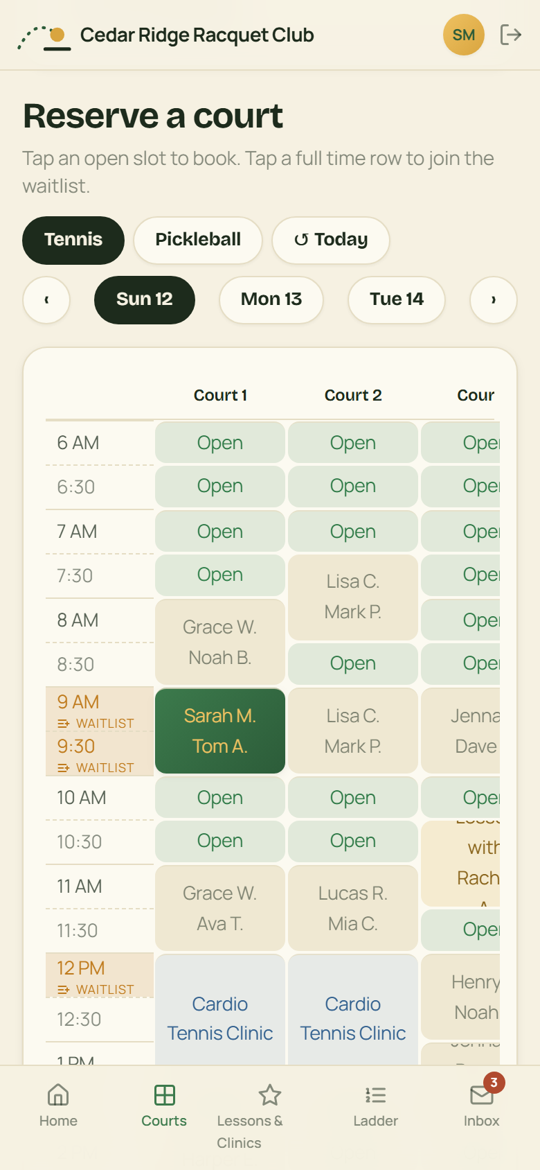CourtKeeper on a phone: the court grid with open slots, booked players, waitlist markers, and a two-court clinic.