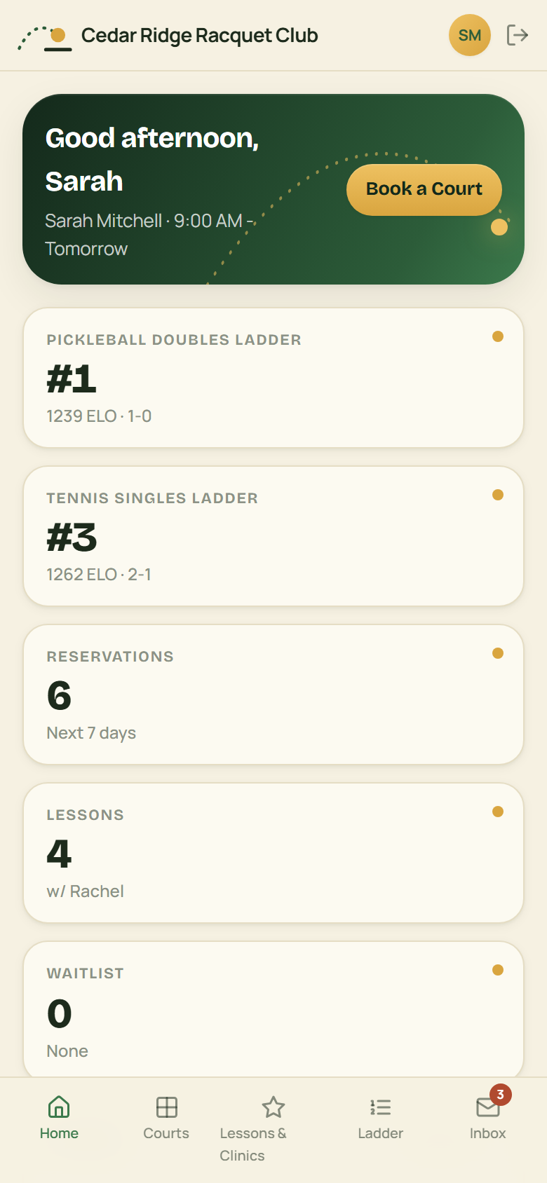 Member home screen: book a court, ladder standing, upcoming reservations and lessons.
